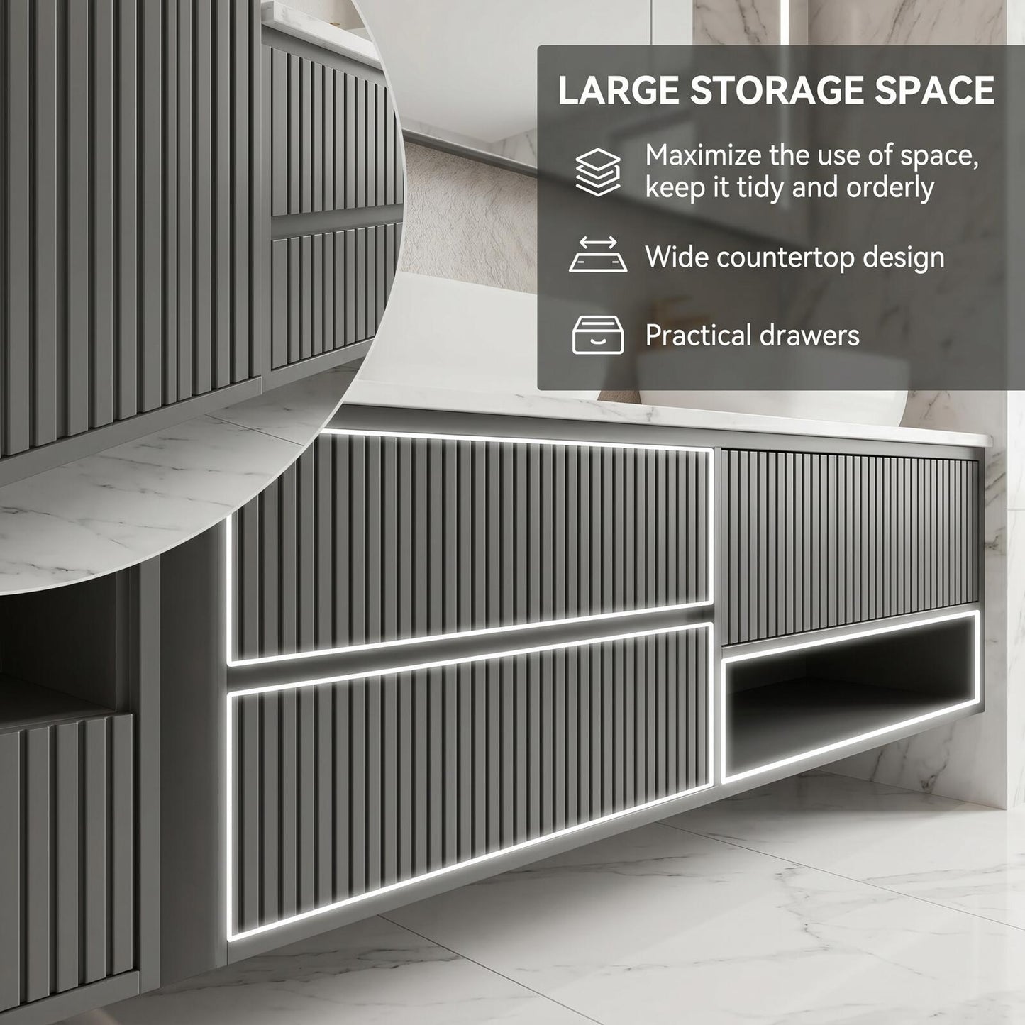 60''-96'' Modern Bathroom Vanity with Sink Floating Double Slatted Doors Marble-Style Top