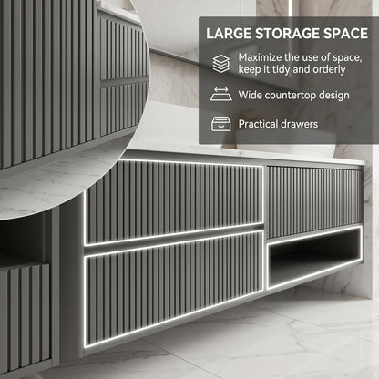 60''-96'' Modern Bathroom Vanity with Sink Floating Double Slatted Doors Marble-Style Top