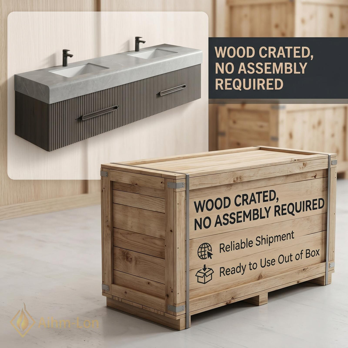 60''-96'' Double Bathroom Vanity with Sink Modern Floating Neutral Gray Finish Slatted