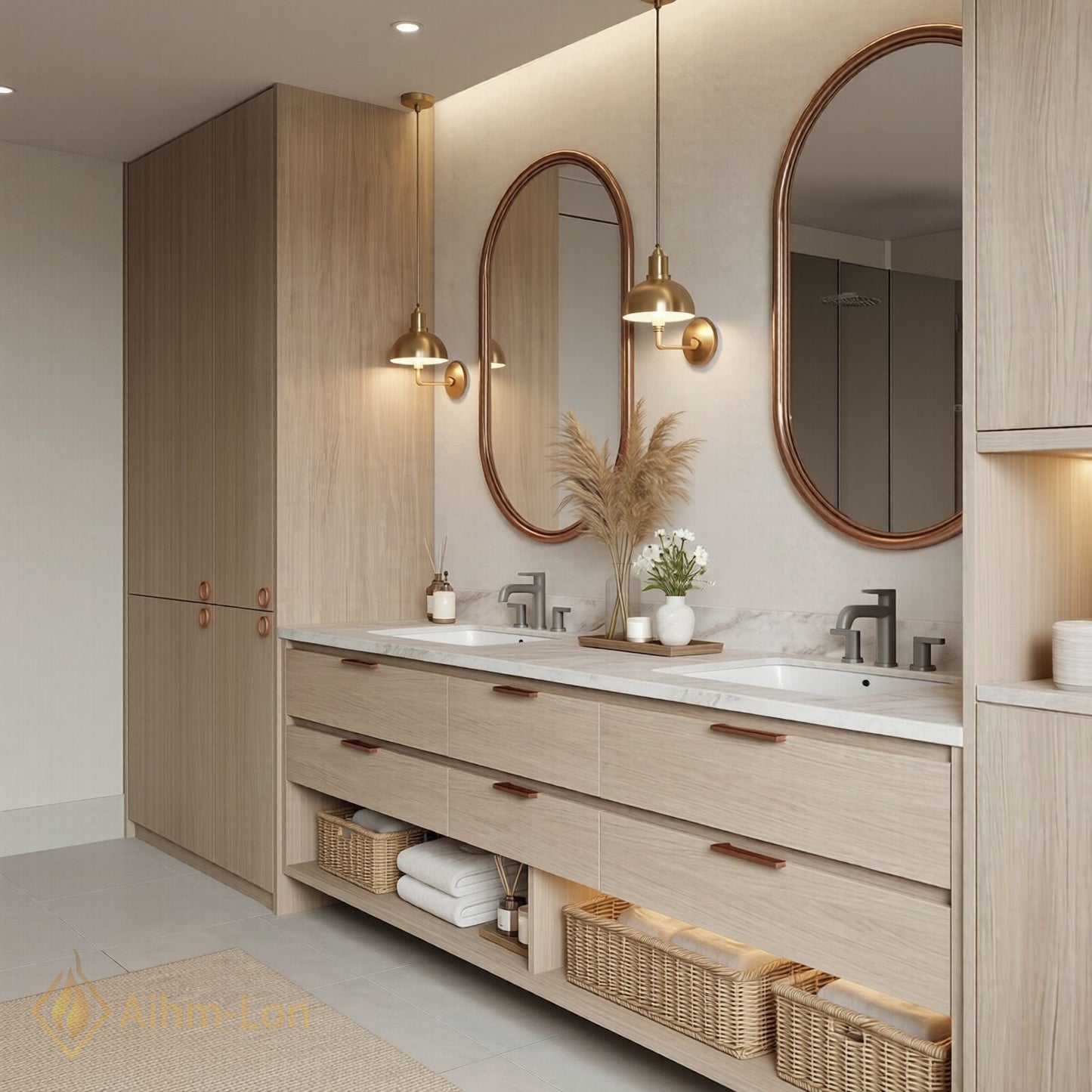70''-96'' Double Bathroom Vanity with Sink Marble-Style Top Floating Frame Design