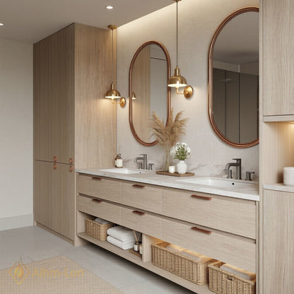 70''-96'' Double Bathroom Vanity with Sink Marble-Style Top Floating Frame Design