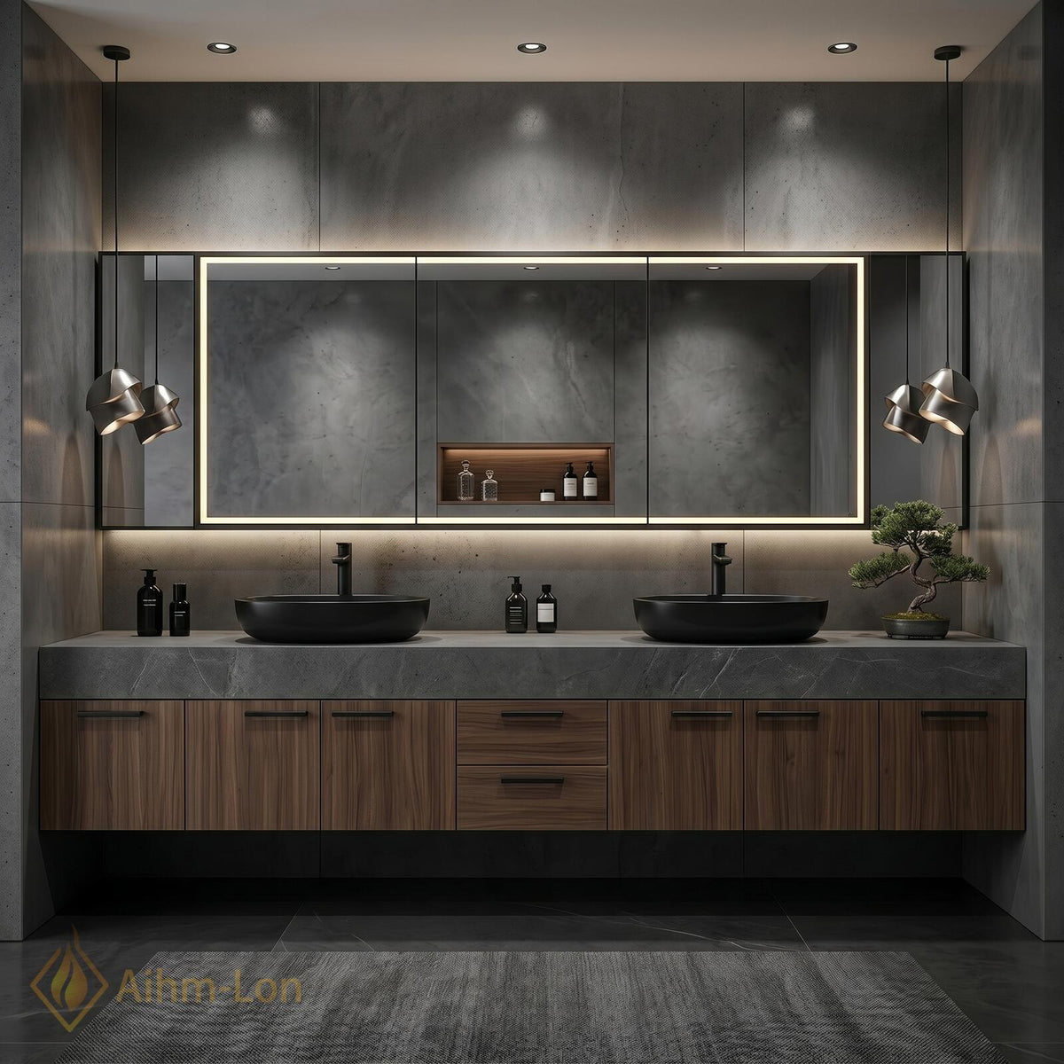 60''-96'' Double Bathroom Vanity with Sink Floating Dark Walnut Finish Mirror Cabinet