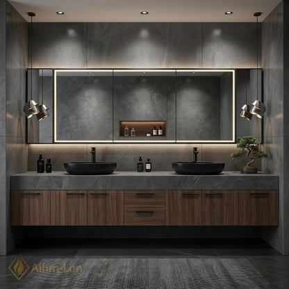 60''-96'' Double Bathroom Vanity with Sink Floating Dark Walnut Finish Mirror Cabinet