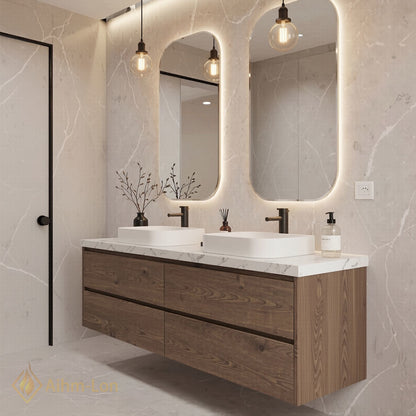 60''-96'' Modern Bathroom Vanity with Sink Floating Dark Wood Grain Dual Basin Drawers