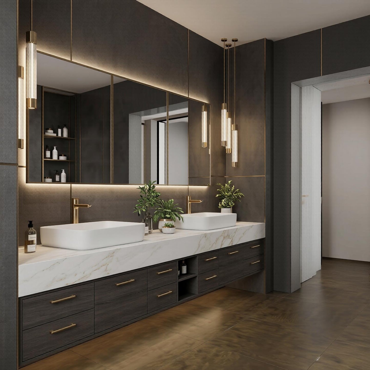 70''-96'' Modern Bathroom Vanity with Sink Double Sink Dark Walnut Slatted Center Panel Cabinet
