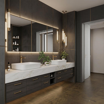 70''-96'' Modern Bathroom Vanity with Sink Double Sink Dark Walnut Slatted Center Panel Cabinet