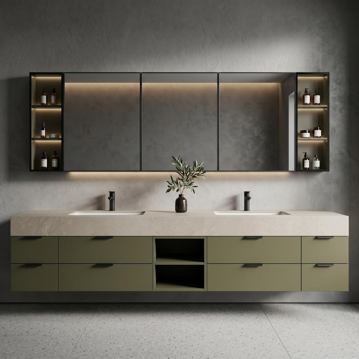 60''-96'' Double Bathroom Vanity with Sink Modern Floating Matte Olive Green Open Shelving