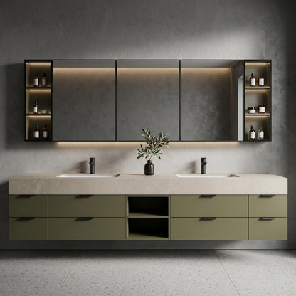 60''-96'' Double Bathroom Vanity with Sink Modern Floating Matte Olive Green Open Shelving