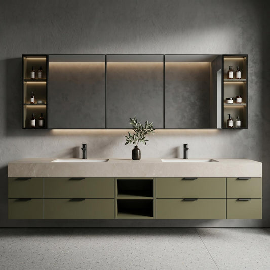 60''-96'' Double Bathroom Vanity with Sink Modern Floating Matte Olive Green Open Shelving
