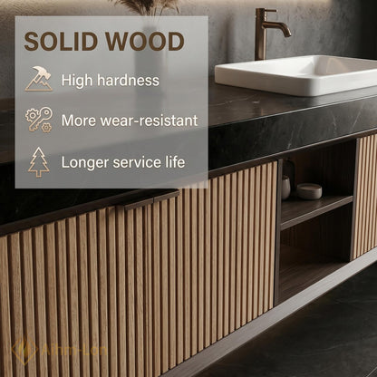 60''-96'' Double Bathroom Vanity with Sink Dark Modern Floating Stone Countertop Slatted