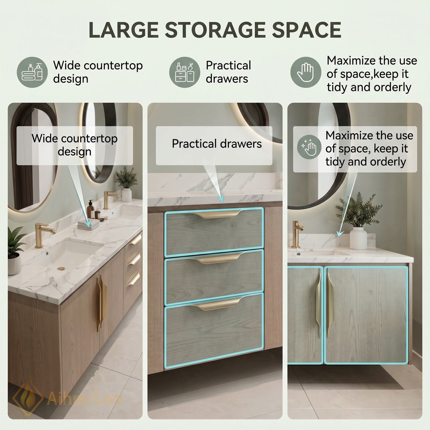 60''-96'' Floating Bathroom Vanity with Sink Dual Basin Marble-Effect Countertop Cabinet