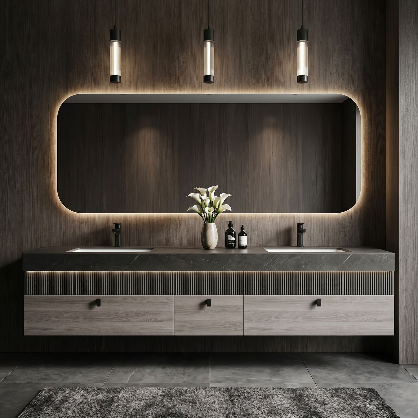 60''-96'' Double Bathroom Vanity with Sink Textured Slatted Front Light Wood Grain Cabinet