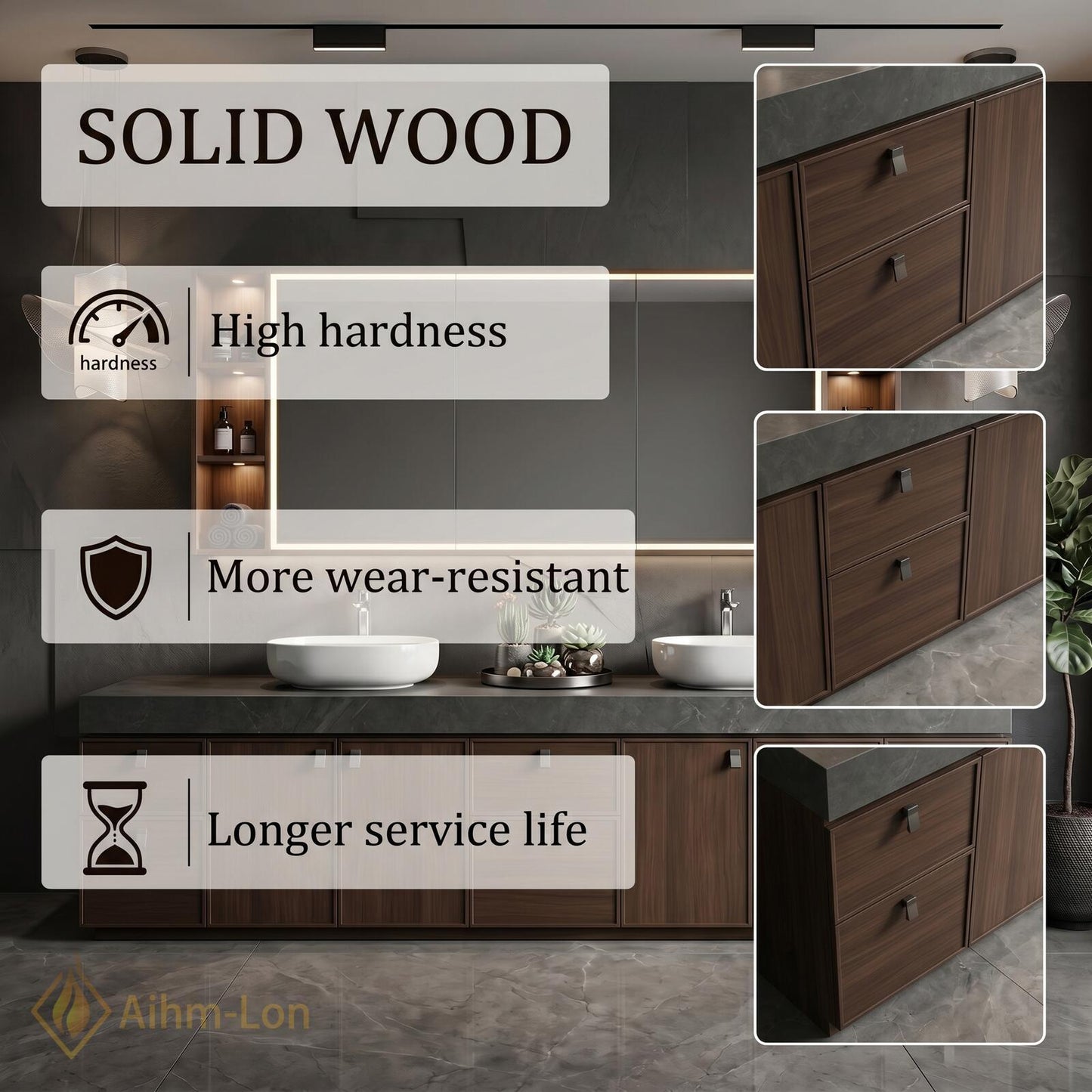 76''-96'' Modern Double Bathroom Vanity with Sink Dark Wood Stone Top Cabinet