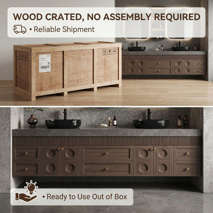 70''-96'' Modern Bathroom Vanity with Sink Ridge-Panel Dark Wood Grain Spacious Cabinet
