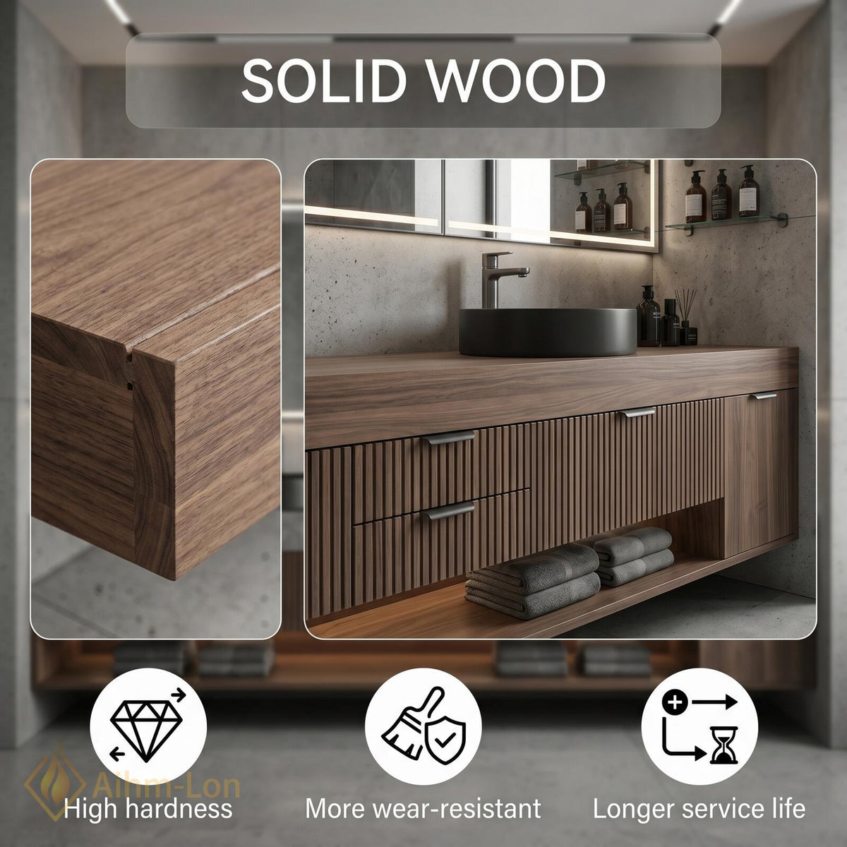 60''-96'' Double Bathroom Vanity with Sink Floating Dark Walnut Finish Modern Panel