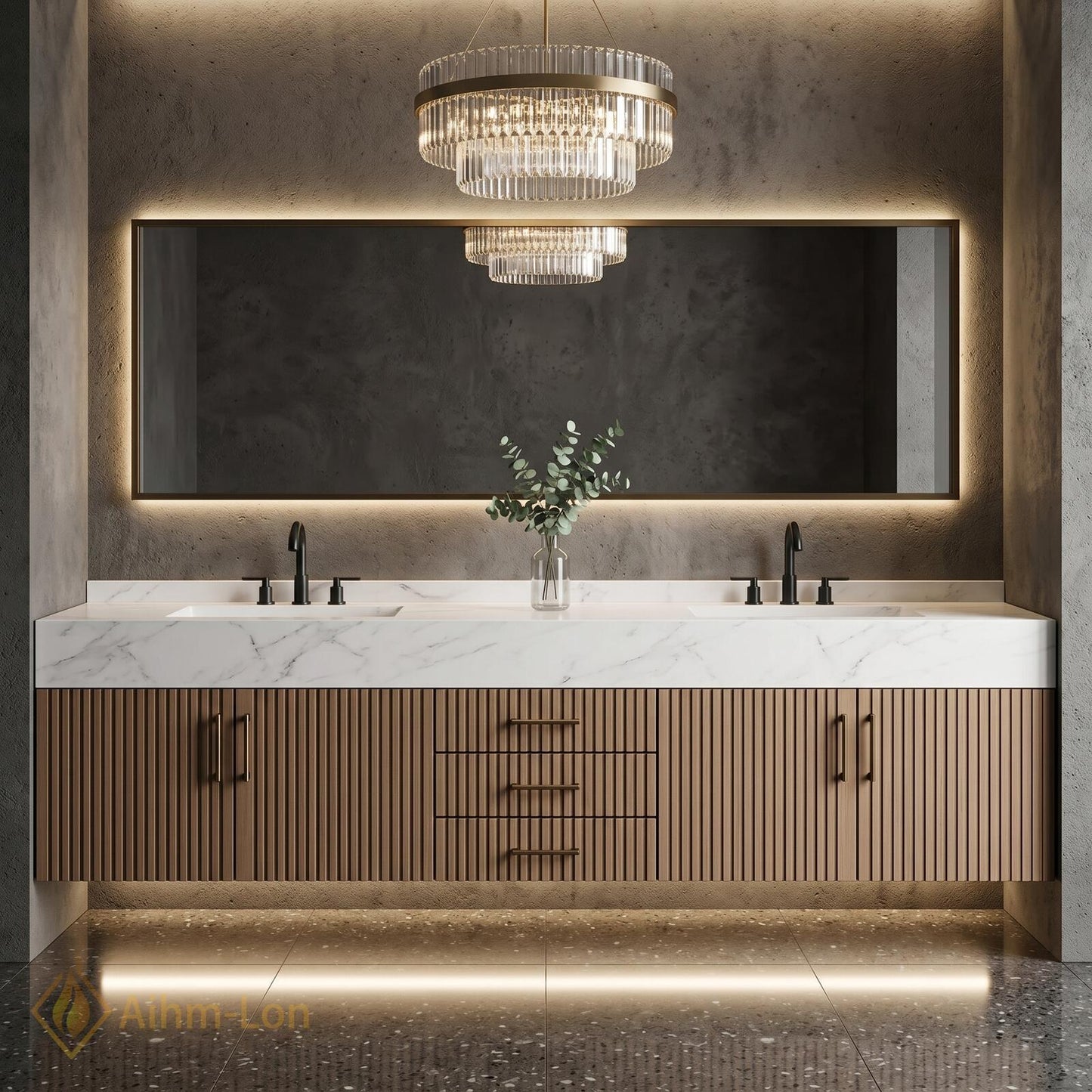 60''-96'' Double Bathroom Vanity with Sink White Modern Floating Slatted-Panels Marble