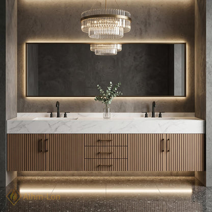 60''-96'' Double Bathroom Vanity with Sink White Modern Floating Slatted-Panels Marble