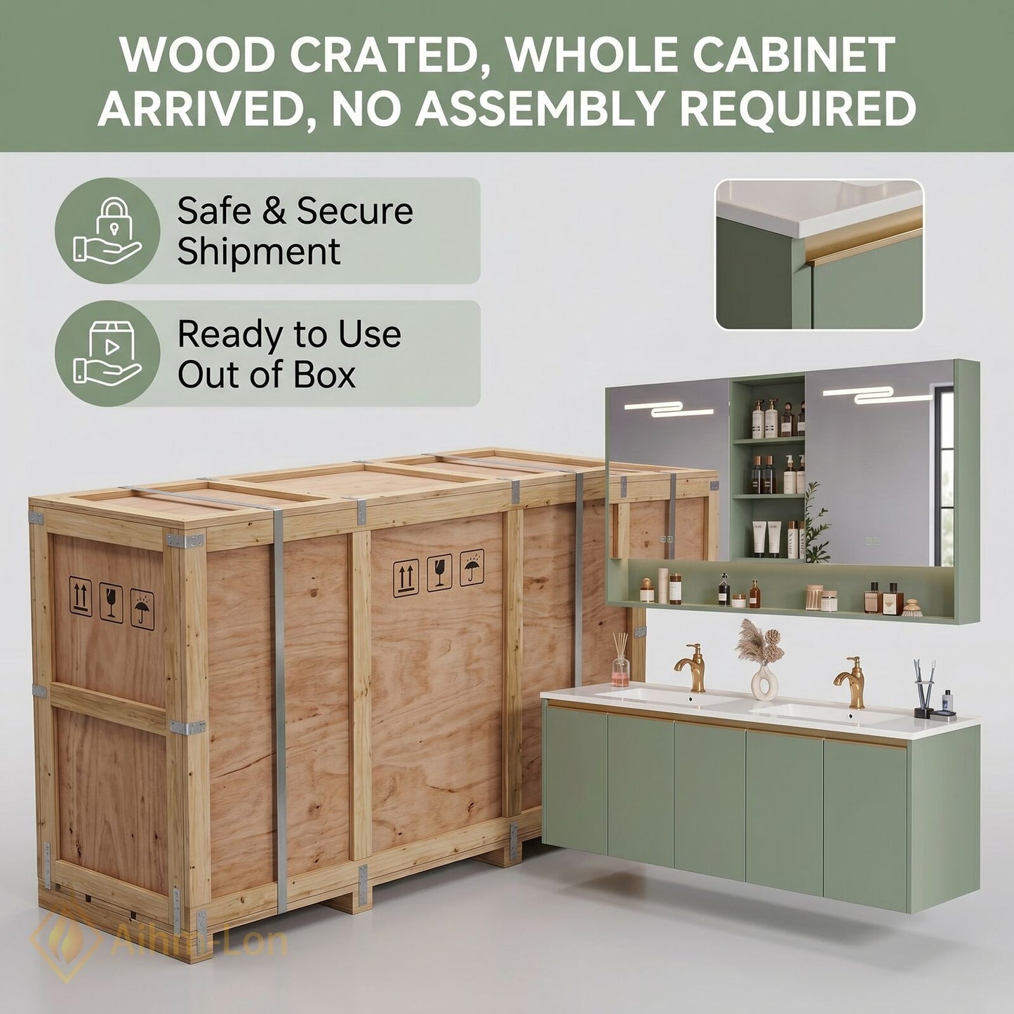 60''-96'' Floating Bathroom Vanity with Sink Dual Basin Matte Sage Mirror Cabinet