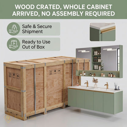60''-96'' Floating Bathroom Vanity with Sink Dual Basin Matte Sage Mirror Cabinet