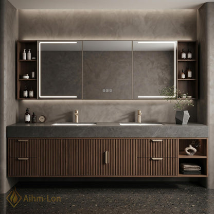 60''-96'' Double Bathroom Vanity with Sink Modern Wall-Mounted Dark Walnut Slatted Panel