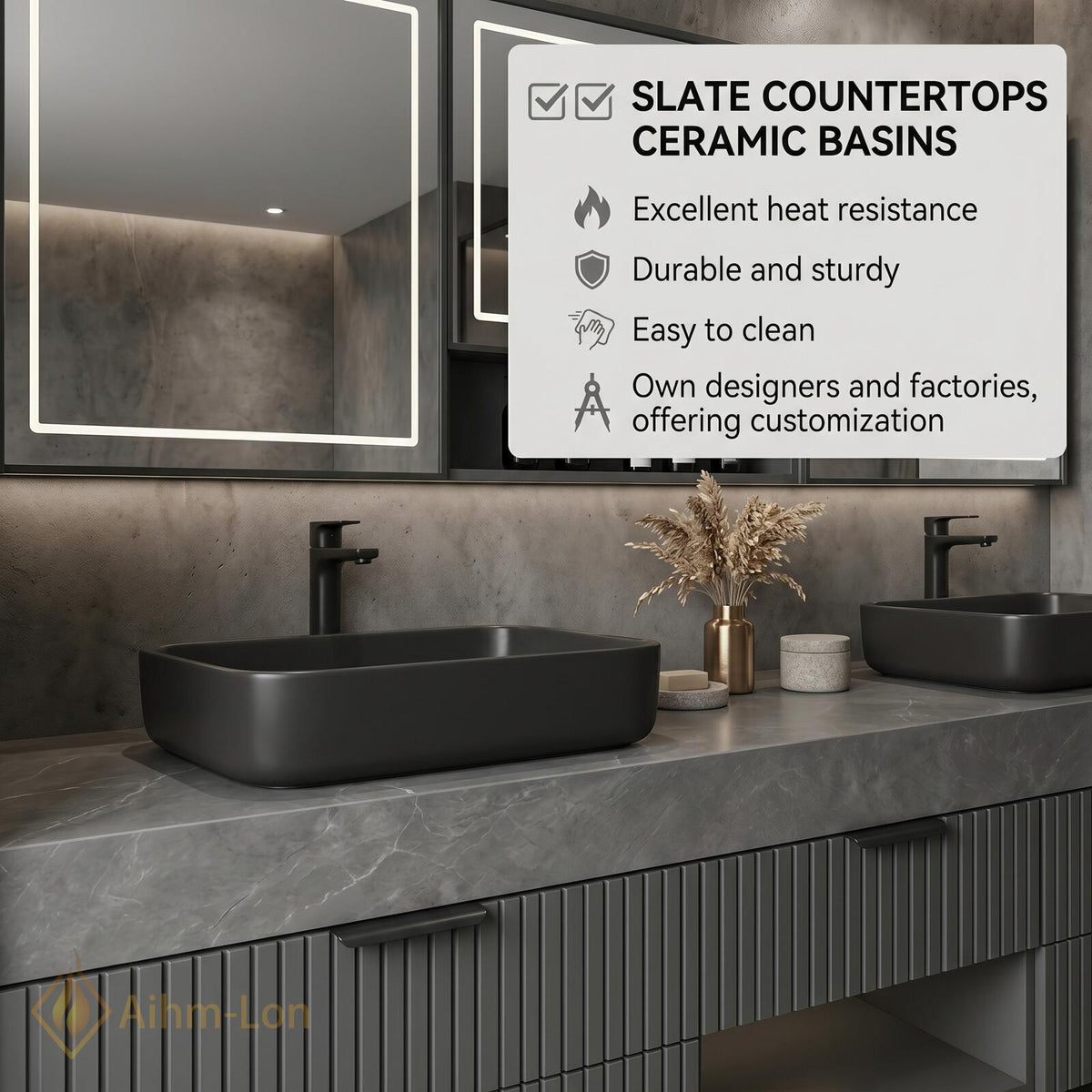 60''-96'' Double Bathroom Vanity with Sink Grey Stone Ribbed Panels Central Shelf