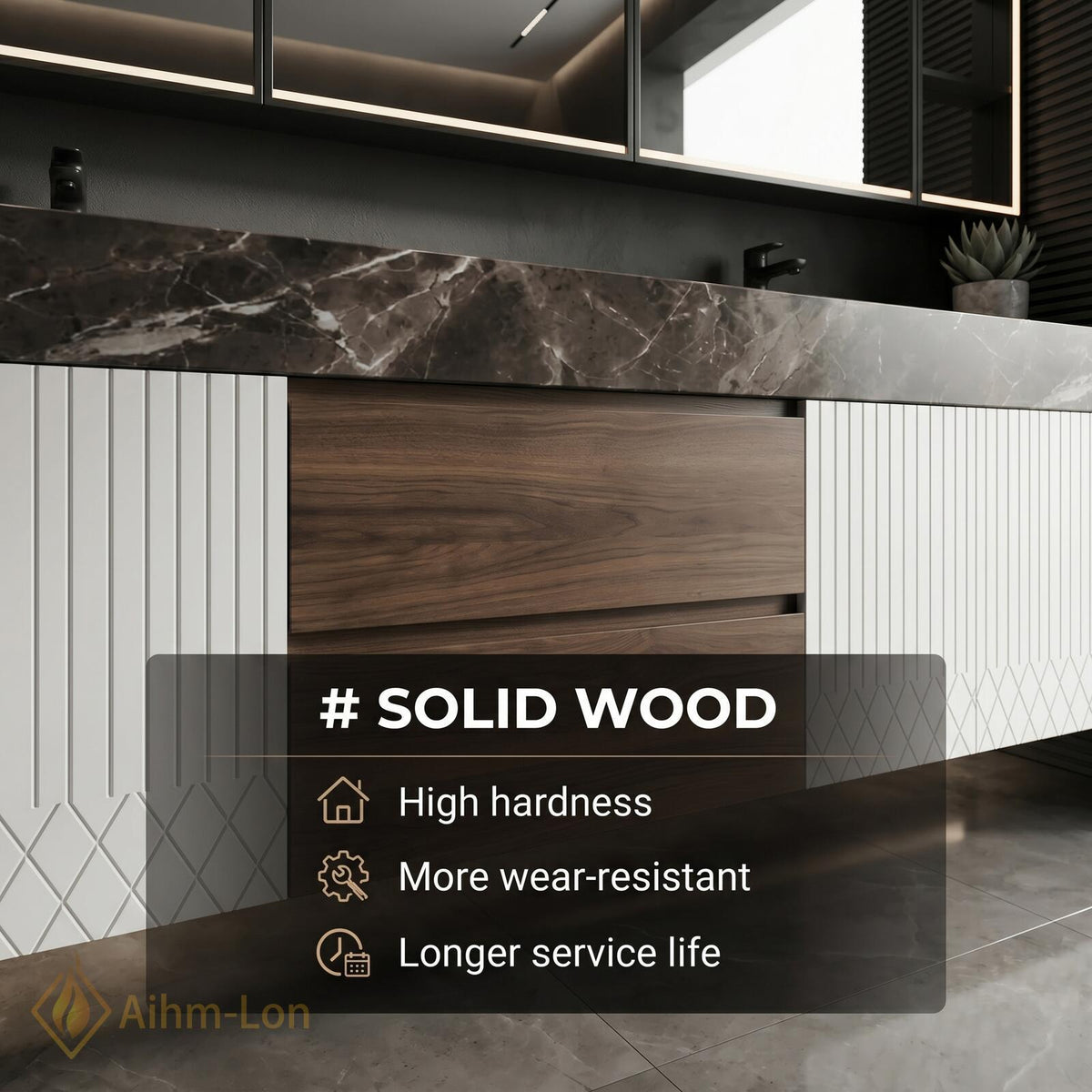 60''-96'' Double Bathroom Vanity with Sink Modern Floating Dark Marble Looktop Slatted