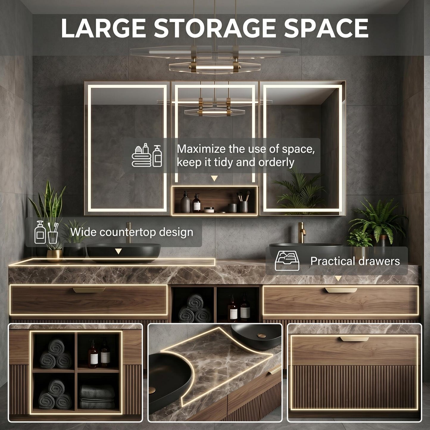 60''-96'' Modern Bathroom Vanity with Sink Double Sink Dark Walnut Slatted Marble Pattern Cabinet