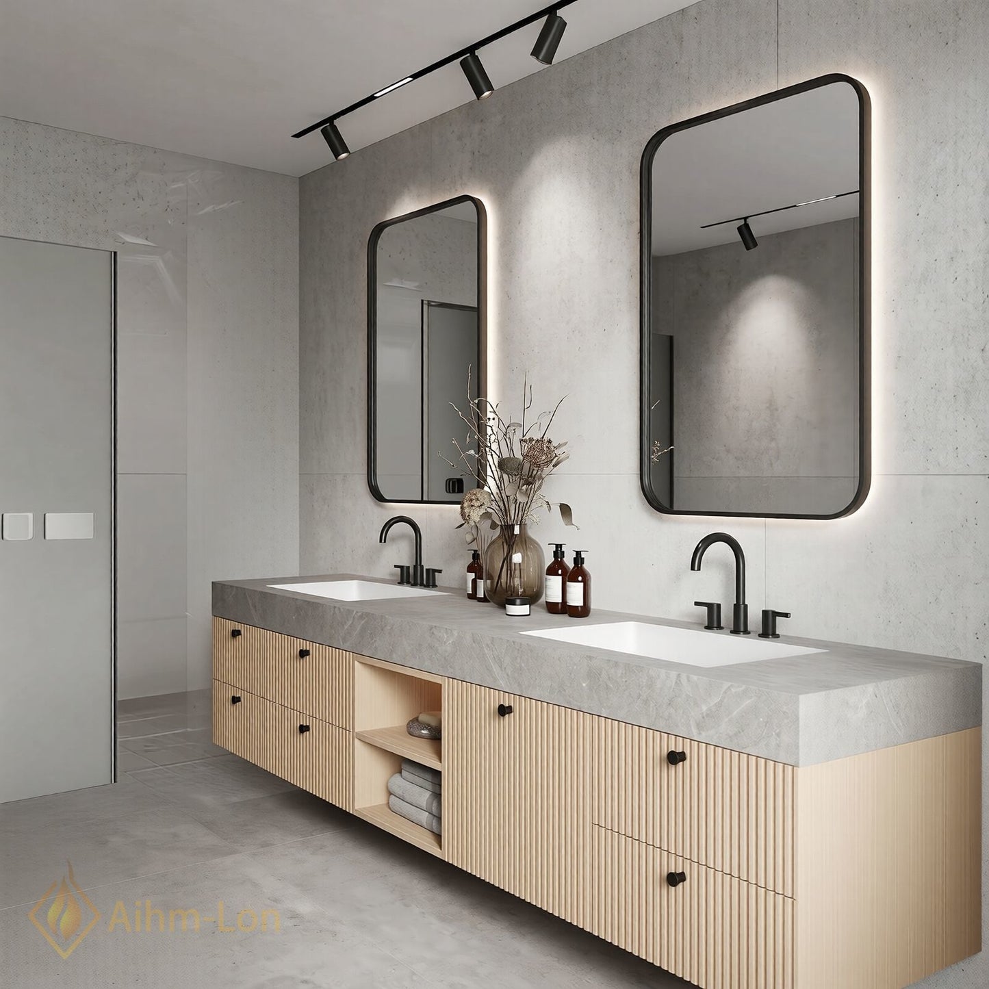 76''-96'' Double Bathroom Vanity with Sink Grey Floating Modern Stone-Top Vanities Slat