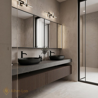60''-96'' Double Bathroom Vanity with Sink Dark Walnut Slatted Center Panel Modern