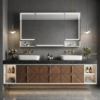 68''-96'' Double Bathroom Vanity with Sink Modern Floating Dark Stone Top Chevron