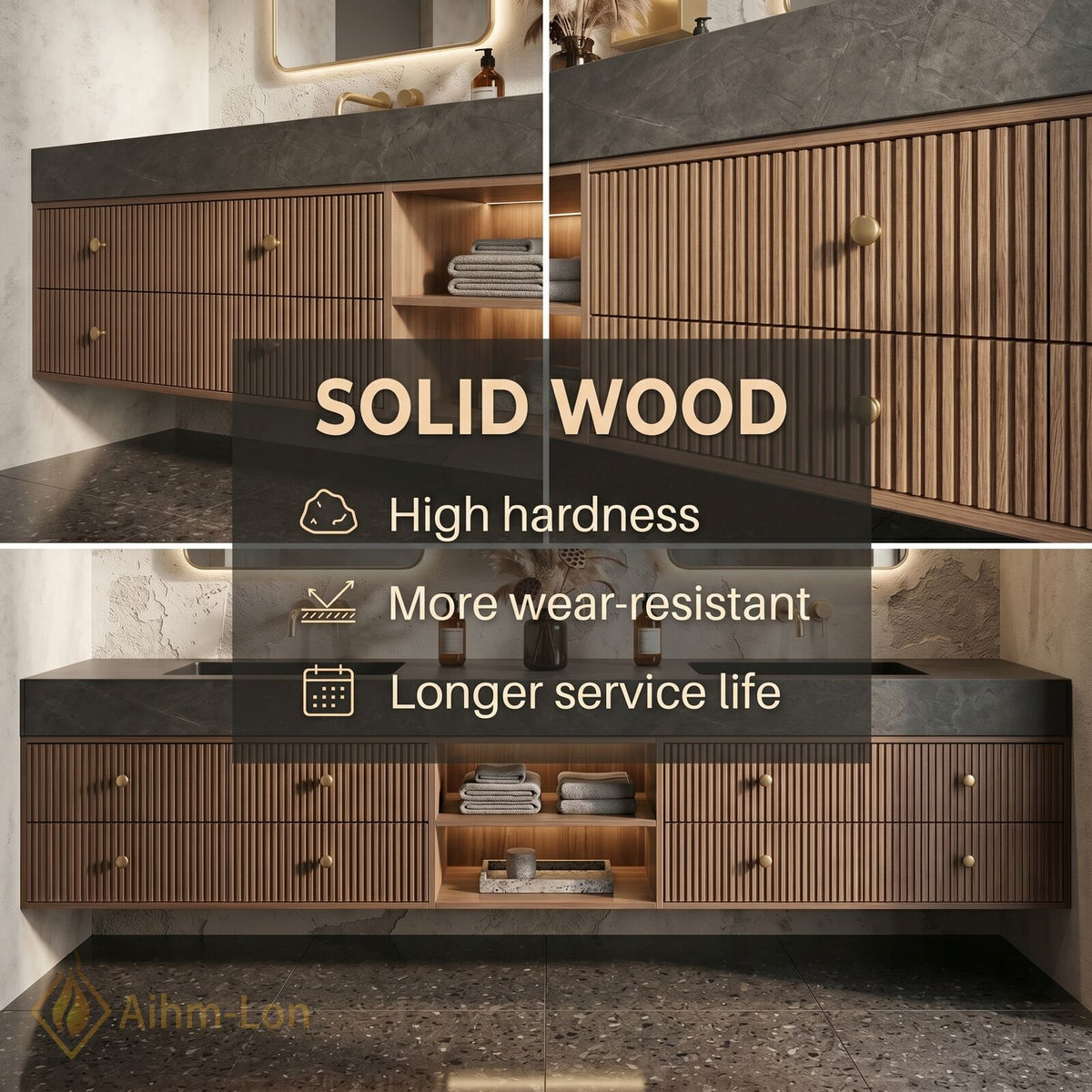 60''-96'' Double Bathroom Vanity with Sink Slatted Wood Warm Finish Open Shelving