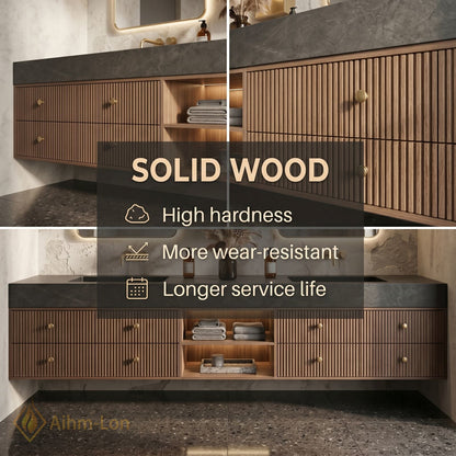 60''-96'' Double Bathroom Vanity with Sink Slatted Wood Warm Finish Open Shelving