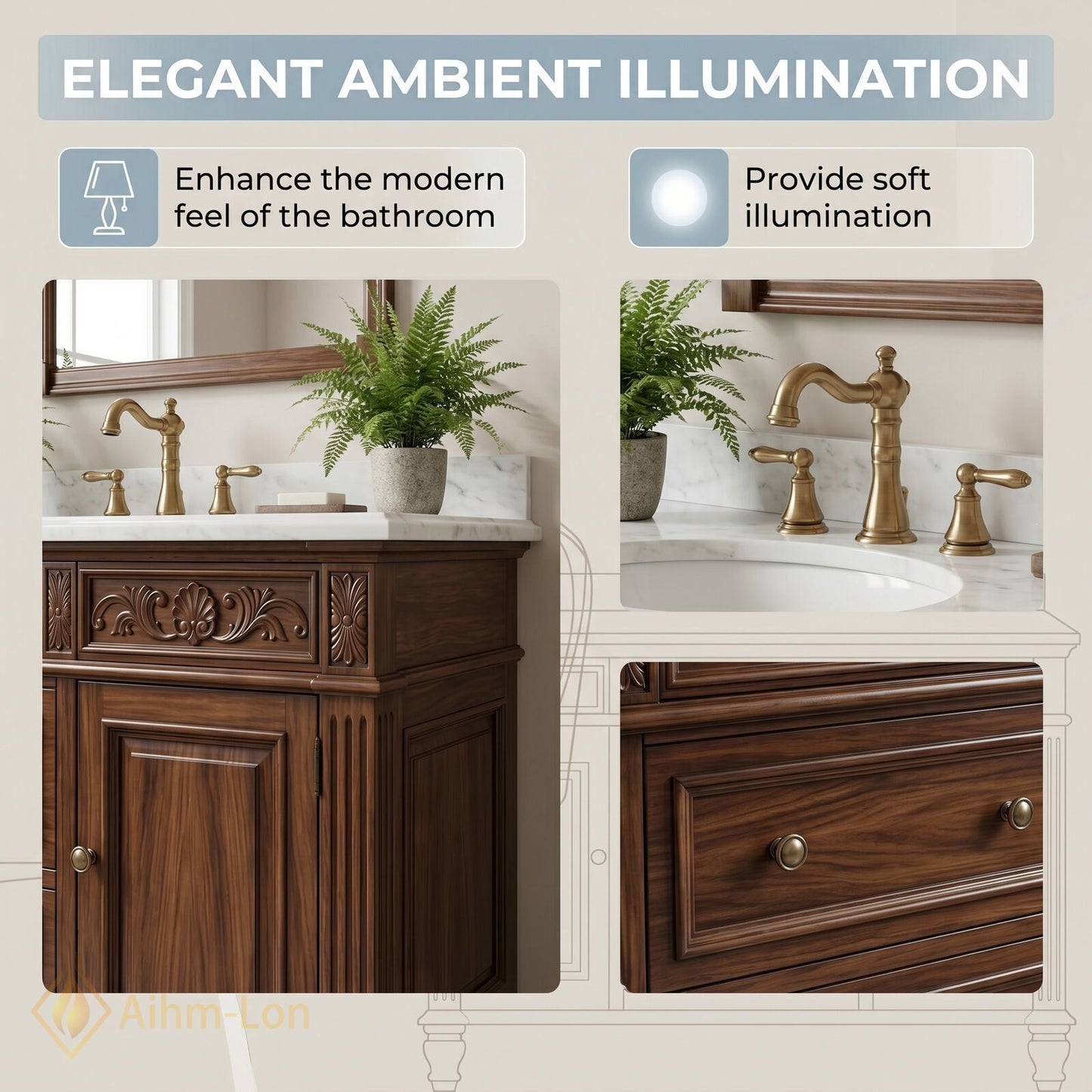 36''-64'' Classic Bathroom Vanity with Sink Dark Wood Carved Drawer Stone Top
