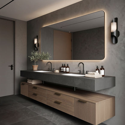 70''-96'' Double Bathroom Vanity with Sink Floating Stone Slab Warm Wood Grain Base
