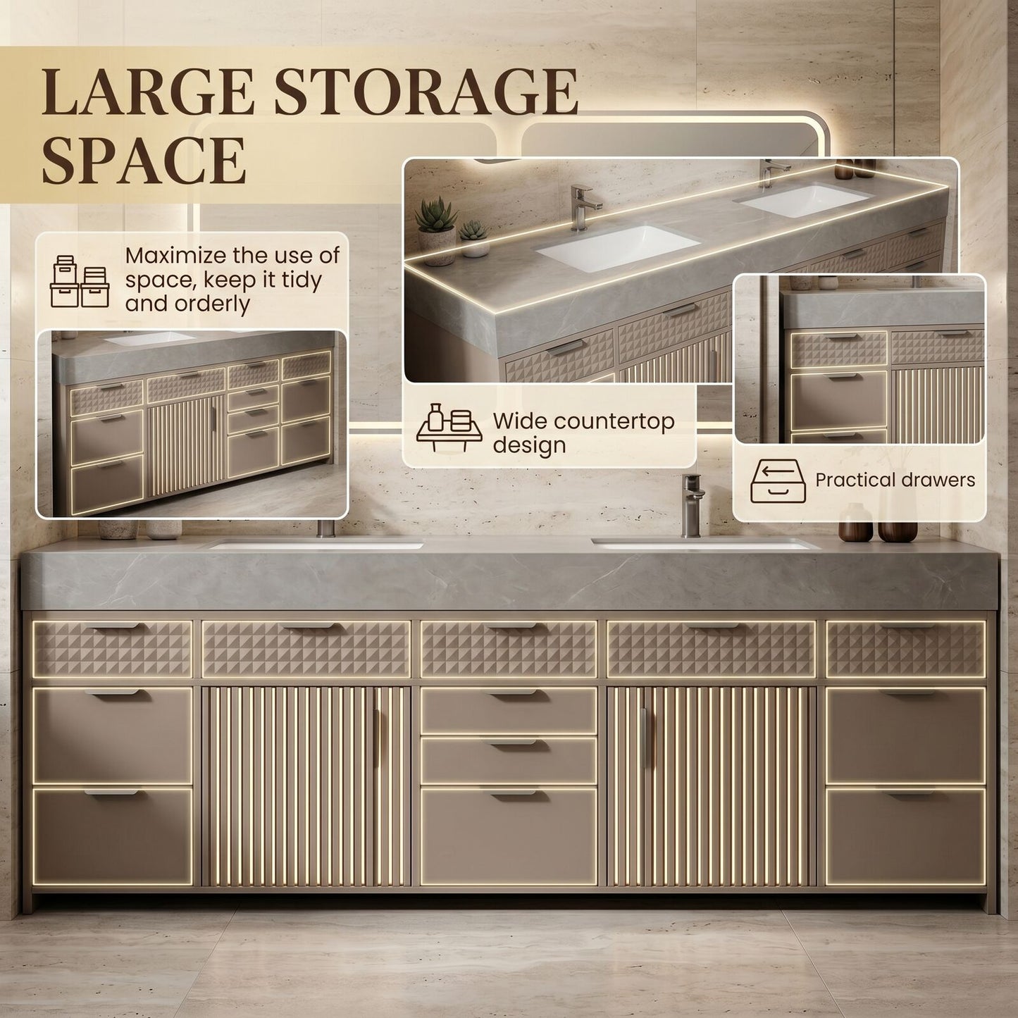 78''-96'' Modern Bathroom Vanity with Sink Double Sink Geometric Textured Grey Storage Cabinet
