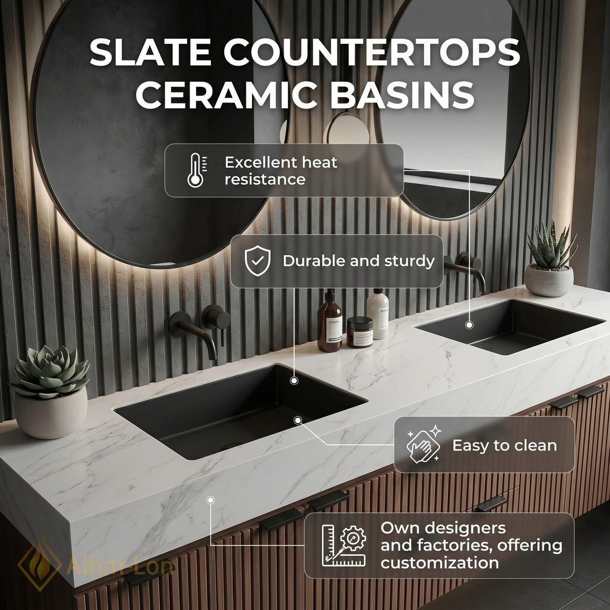 78''-96'' Double Bathroom Vanity with Sink Vertical Slat Front White Marble Top