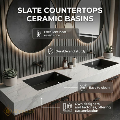 78''-96'' Double Bathroom Vanity with Sink Vertical Slat Front White Marble Top