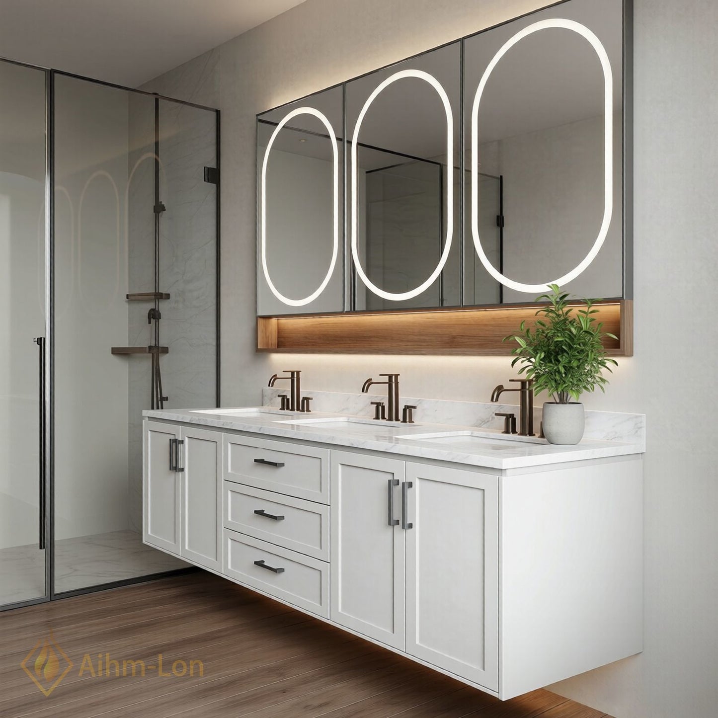 72''-96'' Triple Bathroom Vanity with Sink Triple Basin Marble Surface Floating Design