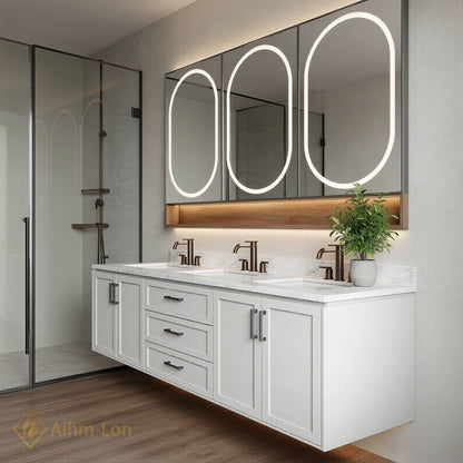 72''-96'' Triple Bathroom Vanity with Sink Triple Basin Marble Surface Floating Design
