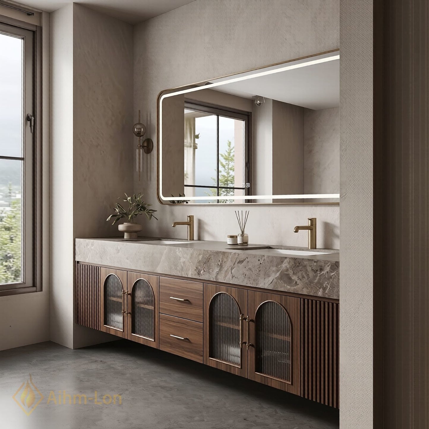 76''-96'' Double Bathroom Vanity with Sink Arched Ribbed Glass Doors Rich Wood