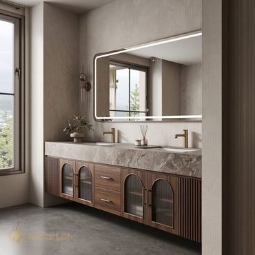 76''-96'' Double Bathroom Vanity with Sink Arched Ribbed Glass Doors Rich Wood