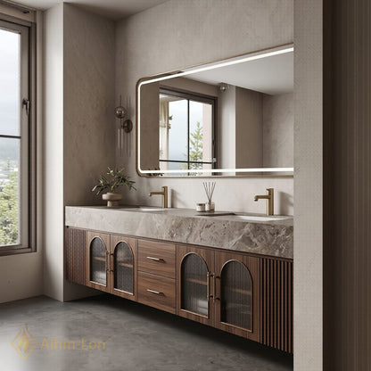 76''-96'' Double Bathroom Vanity with Sink Arched Ribbed Glass Doors Rich Wood