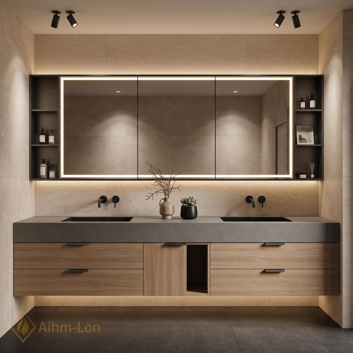 60''-96'' Double Bathroom Vanity with Sink Grey Stone Light Wood Drawers Storage