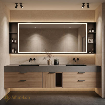 60''-96'' Double Bathroom Vanity with Sink Grey Stone Light Wood Drawers Storage