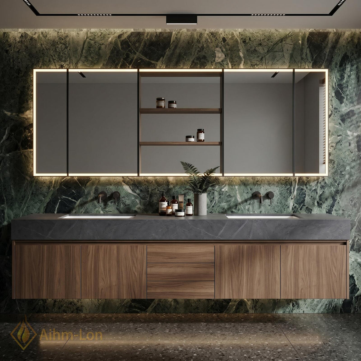 60''-96'' Double Bathroom Vanity with Sink Modern Floating Dark Stone Top Wood