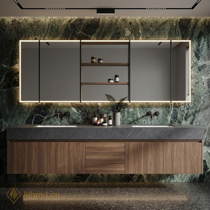 60''-96'' Double Bathroom Vanity with Sink Modern Floating Dark Stone Top Wood