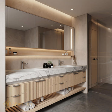 76''-96'' Modern Floating Bathroom Vanity with Sink Double Basin Vertical Slatted Front