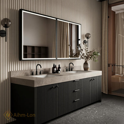 60''-96'' Double Bathroom Vanity with Sink Slatted Front Panel Stone Effect Top