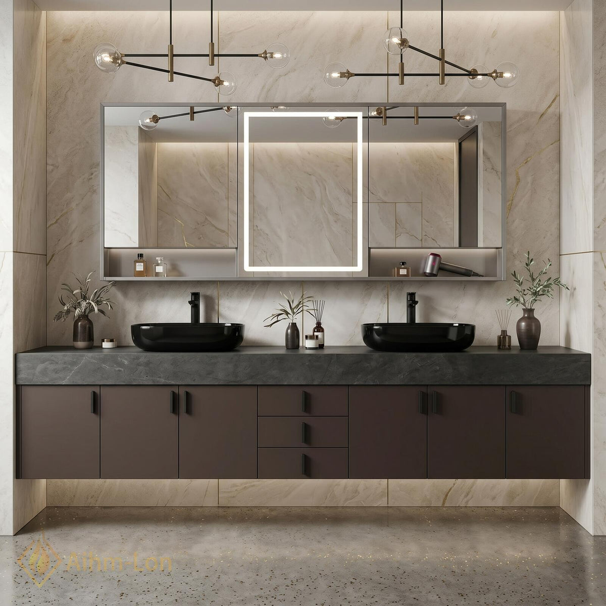 60''-96'' Double Bathroom Vanity with Sink Dark Slate Textured Stone Drawer Storage
