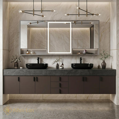 60''-96'' Double Bathroom Vanity with Sink Dark Slate Textured Stone Drawer Storage